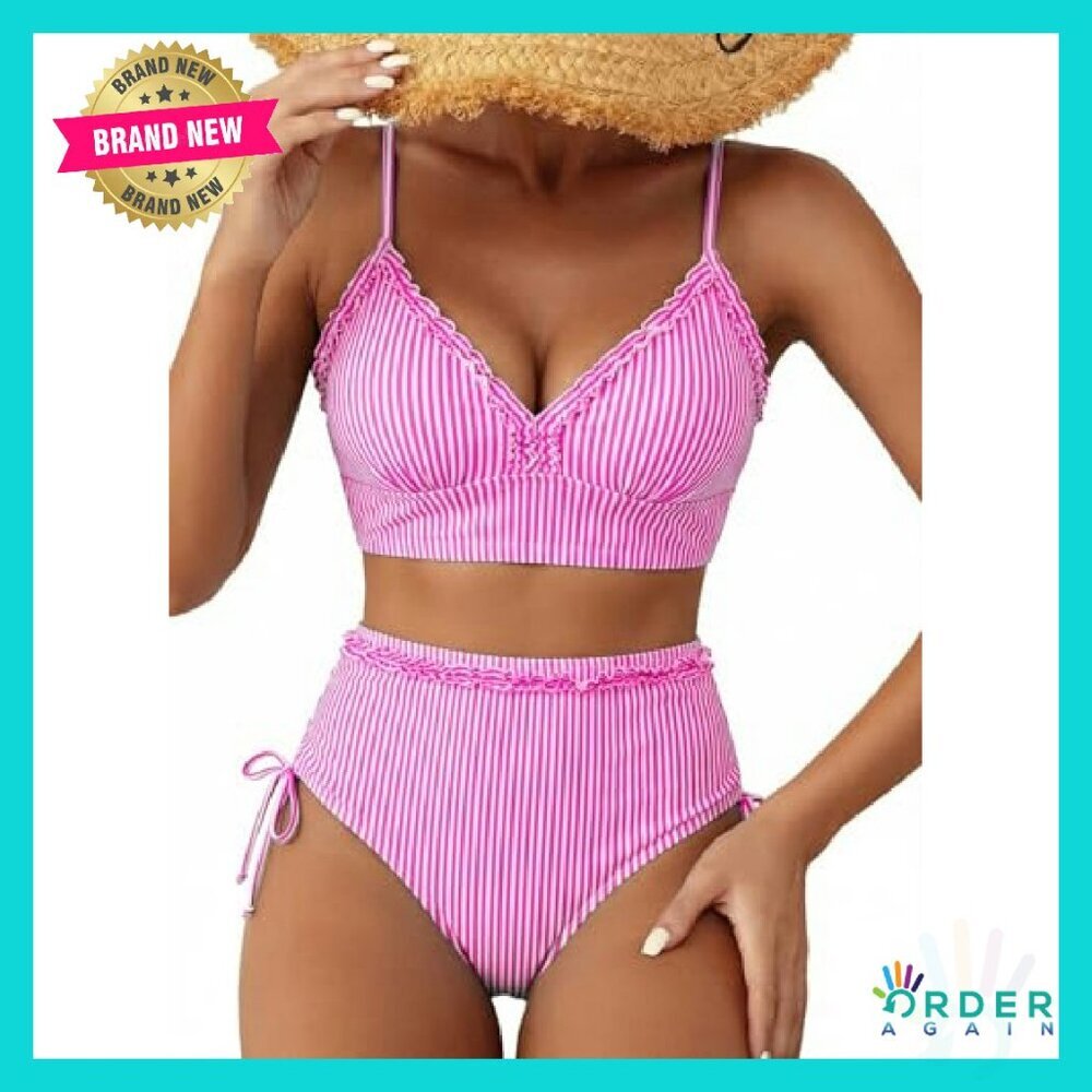 Women's High Waisted Bikini Set Ruffle Trim Adjustable Straps Chic Beachwear - Picture 2 of 8